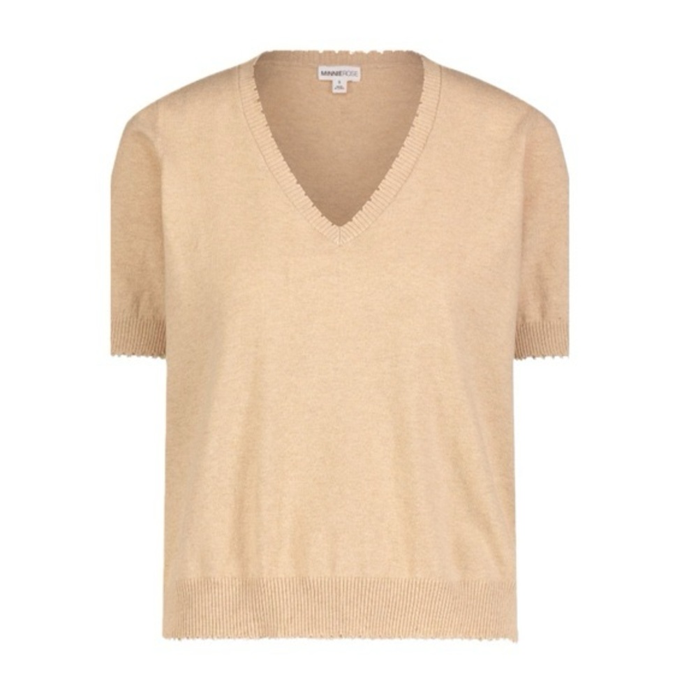 Minnie Rose Tan V-Neck Short Sleeve Knit Top XS Cashmere Blend